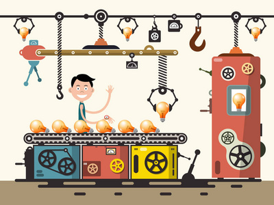 工業輪胎配件設備輸送機平面卡通矢量插圖中的人物性格工作工廠輸送機